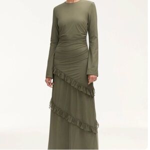 Olive Green Long-Sleeve Ruffle Maxi Dress